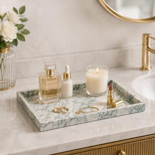 Natural Marble Decorative Tray, 11.8"x7.87" Solid Stone Serving Tray with Raised Border, Versatile Rectangle Organizer for Entryway Key, Coffee Table, Nightstand, Jewelry & Home Accent (Green) by Unknown