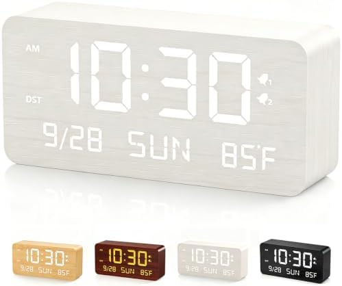 Wooden Digital Alarm Clock for Bedroom Desk Clock with Date, Day of Week, Temperature, Dual Alarms, Dimmer, USB Port Charge, DST, Adjustable Volume for Living Room/Office Wood Decor (White) by fomobest