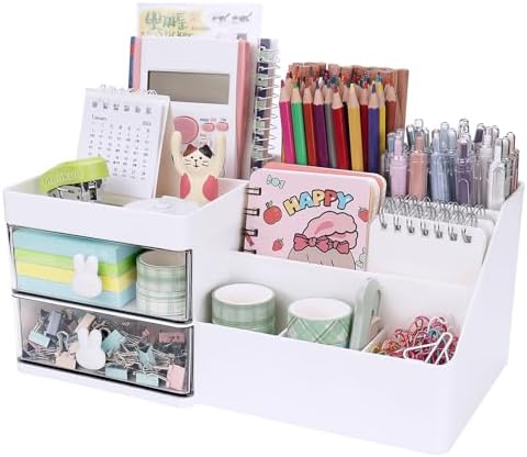 Meiikun Desk Organizer, Makeup Organizer with 2 Drawer, 7 Compartment & a Top Tray, Desktop Organizers and Storage for Women, Cute Home organization Bathroom, 11" x 5.7" x 4.7" (White) by Meiikun