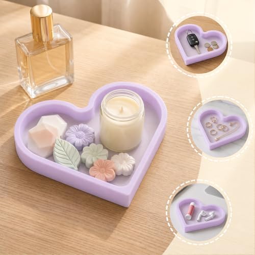 BLESWIN Cute Heart Silicone Jewelry Dish, Soft Ring Holder Tray, Small Trinket Bowl for Keys Earrings Necklace, Aesthetic Home Decoration Gift for Women Girls Mom Best Friend, Purple - Image 3