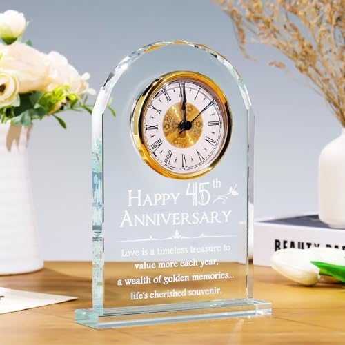 YWHL 45th Wedding Anniversary Quartz Clock Gift for Parents, 45 Year Anniversary Romantic Gifts for Couples, Happy 45th Anniversary Glass Keepsakes Decorations (Battery not Included) - Image 2