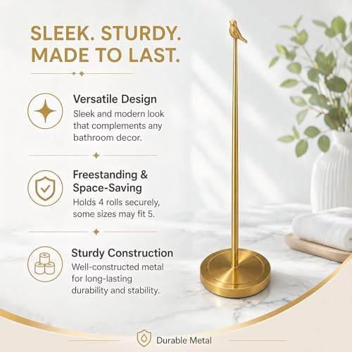 Bird Toilet Paper Holder Stand for 4 Rolls, Cute Animal Bathroom Decor, Funky Decorative Freestanding Toilet Roll Holder - Gold - Image 4