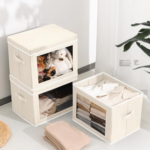 Homsorout Storage Bins with Lids - Large Decorative Basket with Lids, Fabric Foldable Closet Organizer Bins, Stackable Shelf Organizer for Living Room, Dorm, 5 Pack, Beige - Image 3
