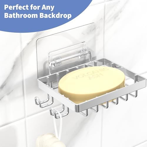 Moforoco Stainless Steel Soap Bar Holder for Shower, No Drilling Bathroom Accessories, Wall Mounted Soap Holder with Hooks, Shower Rack Tray Bar for Suitable for Bathroom, Kitchen Sink - Image 5