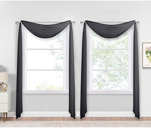 NICETOWN Black Sheer Villa Scarf Curtain Panels, Simple Voile Sheer Scarf Valance for Your Son & Farther Bedroom, 2 Pieces, 60" Length by 216" Width - Image 2