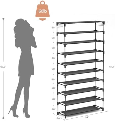 LANTEFUL 10 Tiers Shoe Rack 50 Pairs Large Capacity Tall Shoe Organizer Sturdy Shoe Storage with Two Hooks Space Saving Metal Wide Shoe Rack for Closet, Entryway, Bedroom, Black - Image 3