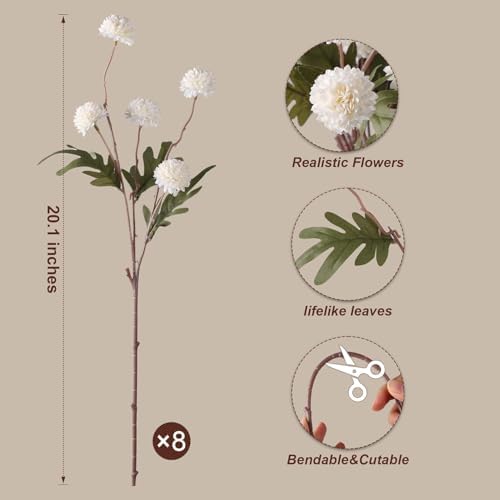 HyeFlora 8 Pcs Fake Mums Kiku Flowers Artificial Bulk, White Faux Silk Flower Arrangements Decor Floral Centerpieces for Tables Artificial Fall Flowers for Vase DIY Bouquet Coffee Dining Home - Image 2