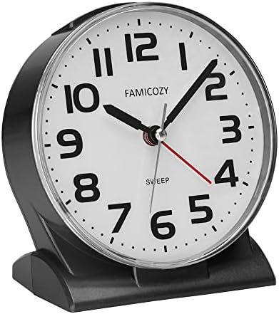 FAMICOZY 4.5" No Ticking Analog Alarm Clock,Silent Readable for Seniors,Easy to Set,Gradual Rise Alarm,Big Numbers,On/Off Switch on Side,Gentle Wake,Snooze Soft Backlight,Battery Operated,Black by FAMICOZY