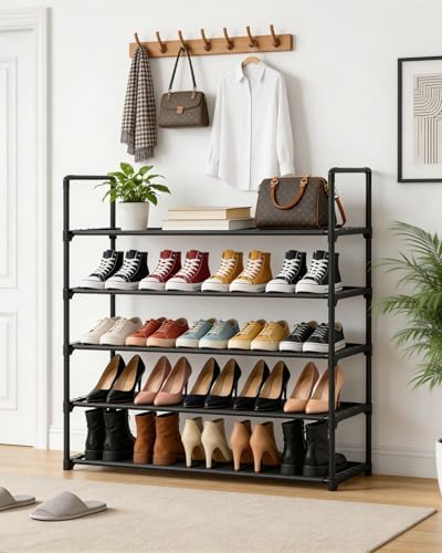 5 Tier Shoe Rack Large Capacity, 34.3" Wide Adjustable Shoe Organizer for 20-25 Pairs, Sturdy Non-Woven Shoe Rack Shelf Multi-Purpose Storage Unit for Closet, Hallway, Entryway,Garage,Black - Image 2