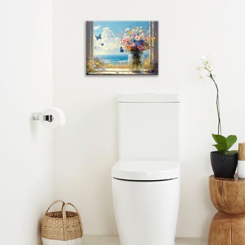 Beach Floral Bathroom Pictures Wall Art, Colorful Flower Bathroom Wall Decor, Coastal Ocean Framed Painting Canvas Artwork for Bedroom Living Room Decorations 20" L x 16" W - Image 7