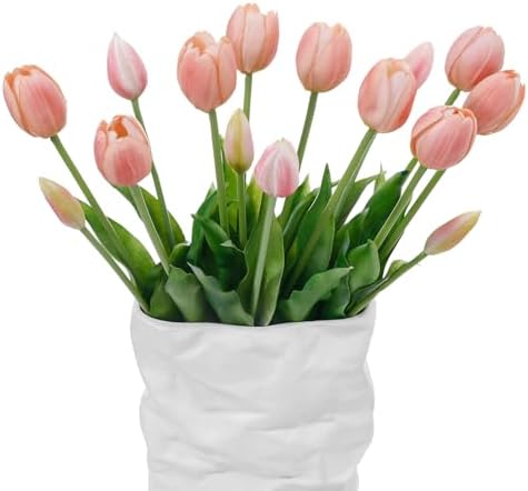 15 Pcs Fall Pink Artificial Tulips Fake Flowers, Premium Latex Lifelike Texture, UV Resistant Waterproof Faux Tulip Bouquets with Snap-on Petals for Outdoor, Home, Wedding Decor by LINSIEARTIFICIALFLOWERS