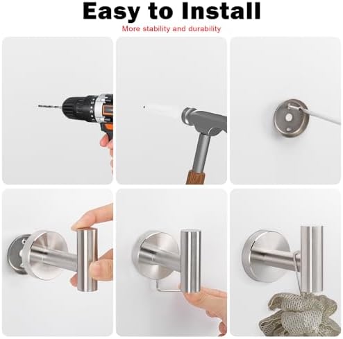 Livabber Bathroom Towel Hooks, 304 Stainless Steel Robe Shower Hooks Wall Mounted, Heavy Duty Towel Hangers for Bathroom Kitchen Bedroom (6 Pack, Brushed Nickel) - Image 6