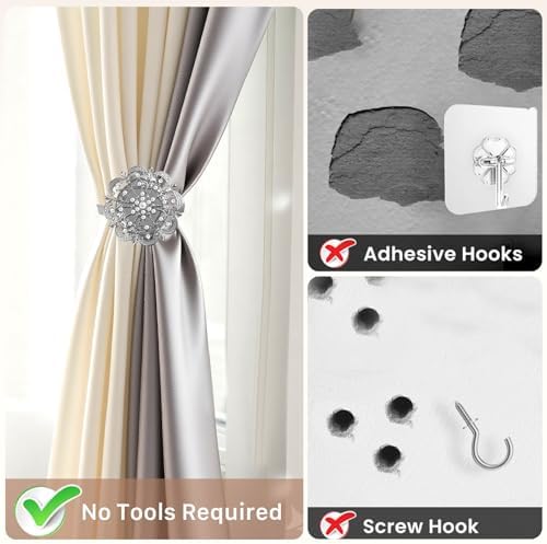 Magnetic Curtain Tiebacks 2 Pack, Silver Crystal Mandala Curtain Holdbacks, No-Drill Magnetic Curtain Ties for Living Room, Bedroom & Window Decor - Image 3