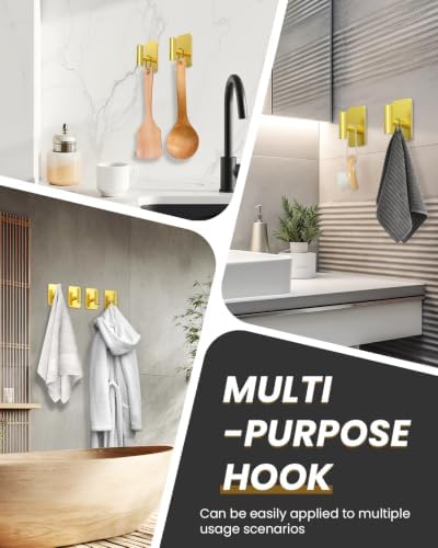 Heavy Duty Adhesive Hooks - 26lb Max, Sticky Wall Hooks Waterproof Stainless Steel for Hanging Towel, Coat, Robe, Towel Hooks Stick on Bathroom, Kitchen, Shower, Door (Gold, 4 Pack) - Image 6