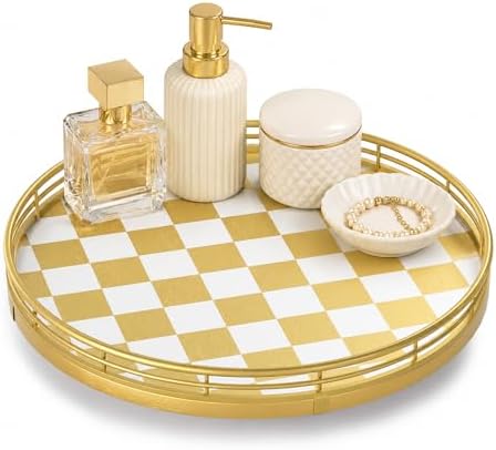 AMH 10-Inch Gold Checkerboard Lazy Susan Vanity Tray with Metal Rail by AMH