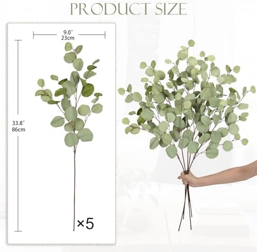 Green Eucalyptus Stems 34" Long Silver Dollar Leaves - 5 Pcs Silk Stems for DIY Bouquet Arrangements, Centerpieces, Shower Decorations - Artificial Spray - Image 3