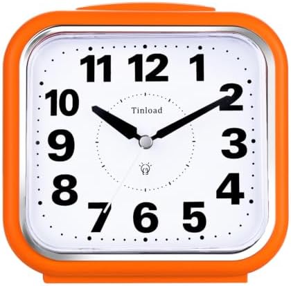 Tinload 5.5" Large No Ticking Analog Alarm Clock,Silent Readable for Seniors,Easy to Set,Gradual Rise Alarm,Big Numbers,Gentle Wake,Snooze, Lighted on Demand,Battery Operated,Orange by Tinload