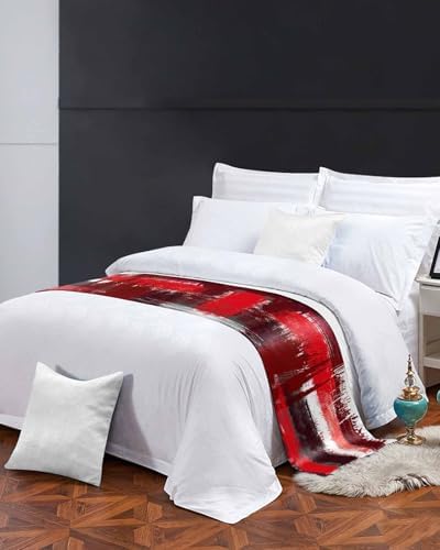 Oil Painting Red Bed Runner for King Size Bed, Bedspread Protector Slipcover Bed Scarf for Foot Bed Runners & Scarves for Bedroom Hotel Wedding 102x20 Inches Modern Geometric Black White Abstract Art - Image 2