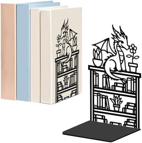 WADORN Dragon Reading Book Metal Bookends for Shelves Decorative 1 Pair, Heavy Duty Books End Support Non-Skid Book Holder Black L-Shaped Book Stopper for Home Office Desk Book Divider, 4.7x3.5x7 Inch by WADORN
