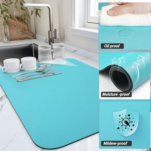 HotLive Dish Drying Mat for Kitchen Counter, Heat Resistant Drainer Mats with Non-slip Rubber Backed, Hide Stain Kitchen Super Absorbent Draining Mat, Easy to Clean Dish Rack Pad, Teal 16"x20" - Image 3