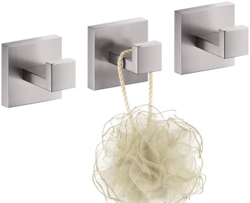 KOKOSIRI Bath Towel Hook Wall Mount Square Robe Hook Coat Hook Bathroom Kitchen Garage Heavy Duty SUS 304 Stainless Steel 3 Pack Brushed Nickel B1010BR-P3 by KOKOSIRI