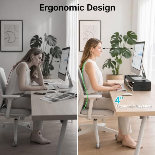 1home Monitor Stand Riser, 16.7 Inch Wood Monitor Riser Stand with Storage Organizer, Desktop Ergonomic Monitor Stand Riser with Cellphone Holder and Cable Management, Black - Image 5