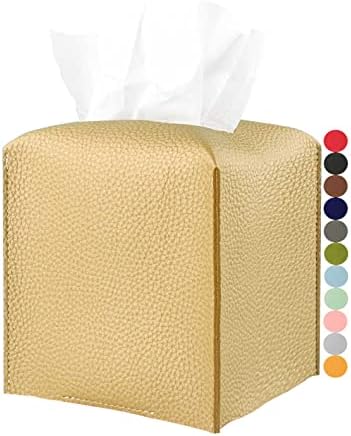 Gold Tissue Box Cover Leather – Tissue Holder with Bottom Belt by JESMINI, Decorative Aesthetic PU Leather Tissue Box Holder for Bathroom Home Office Decor by JESMINI