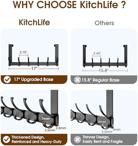 KitchLife Over The Door Hooks Hanger with 7 inches Extended Arms, Fits 1-3/8" Doors, F18U, Bathroom Towel Rack Organization, Thickened 6-Double Hook, Matte Black - Image 4