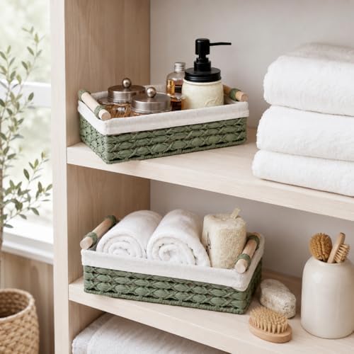 Sage Green Bathroom Baskets Set of 2, Paper Rope, Wood Handles - Image 7