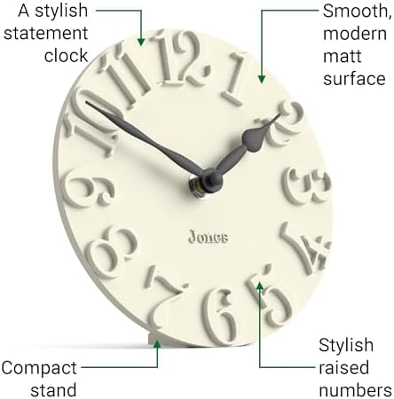 JONES CLOCKS® Hampstead Desk Clock | Freestanding | Pale Cream | Elegant Raised Moulded Numerals | Ideal for Shelf, Mantel, Living Room, Home Office or Bedside - Image 5