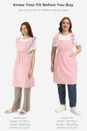 Vintage Gingham Apron for Women, Ruffle Straps, 2 Pockets, Soft Cotton, Apron Dress Style for Cooking & Baking - Image 3