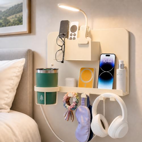 Floating Bedside Wall Shelf, Metal Wall Organizer with Detachable Cup Holde by ODCPN