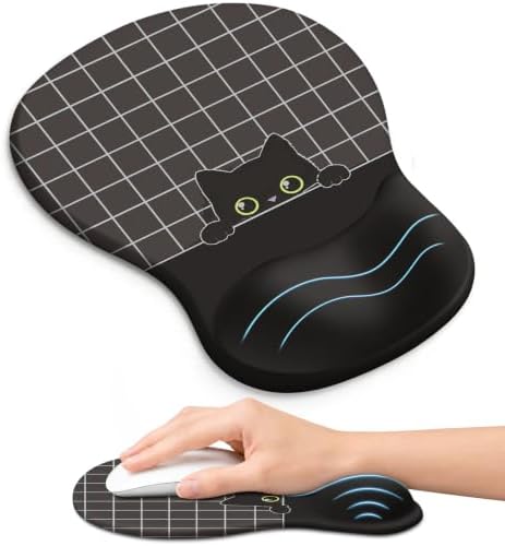 Ergonomic Mouse Pad with Wrist Rest, Gel Wrist Support, Black Cat by Zapdesk