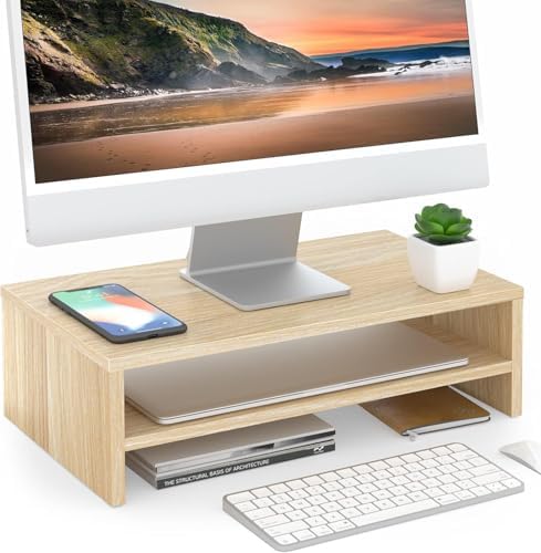 FITUEYES Wooden Monitor Stand Riser, 2-Tier Desk Storage Shelf, Oak by FITUEYES