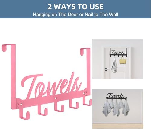 Azmoncy Over The Door Hooks, Towel Rack for Bathroom Towel Holder for Hanging Heavy Duty, Over Door Hanger with 5 Coat Hooks for Bedroom Bathroom Kitchen Towels, Pink - Image 3