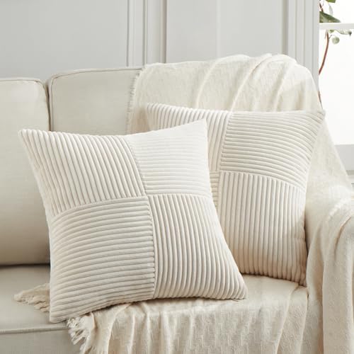 Fancy Homi 2 Packs Boho Cream Decorative Throw Pillow Covers 18x18 Inch for Living Room Couch Bed Sofa, Rustic Farmhouse Home Decor, Soft Corss Corduroy Patchwork Textured Square Cushion Case 45x45 cm by Fancy+Homi