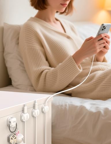 Cable Clips,8 Pack Cord Holder Cord Organizer [1s Lock & Strongest Adhesive] Spring Cord Clips Phone Charger Wire Desk Cable Management Nightstand Home Office School Decor Women Desk Accessories White - Image 6