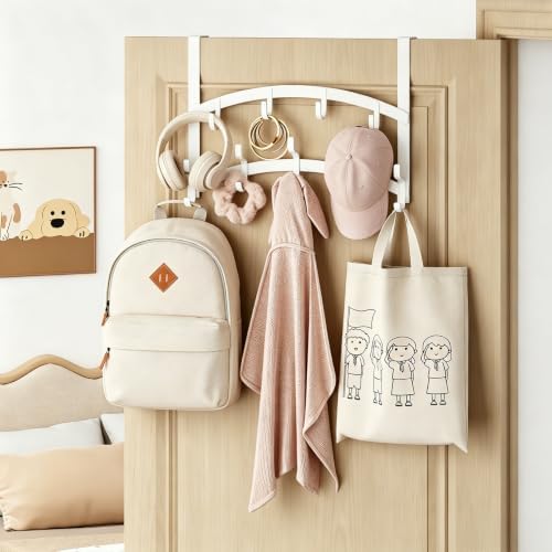 Consumest Over the Door Hooks Organizer - 2 Tier Door Hanger with 14 Hook Heavy Duty Stainless Steel for Towels, Coats, Jackets & Bags, Towel Rack for Bathroom Bedroom, Fits Up to 1.77" Doors, White - Image 2