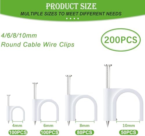 mxuteuk 200PCS Cable Clips with Steel Nails,4/6/8/10mm Round White Cable Wire Clips,Wall Clips for Cords,Cable Cord Clips for RG6 RG59 CAT6 RJ45 - Image 2