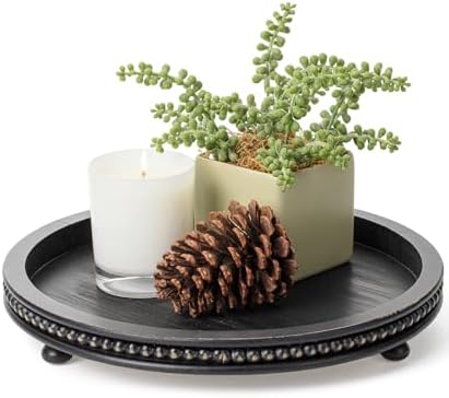 Bamboo Land- Round Decorative Trays for Coffee Table, 12", Black, Wood Tripod & Beaded Design, Wooden Round Tray for Coffee Table by BAMBOOLAND
