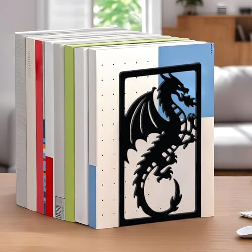 WADORN Creative Dragon Metal Bookends for Shelves Decorative 1 Pair, Heavy Duty Books End Support Non-Skid Book Holder Black L-Shaped Book Stopper for Home Office Desk Book Divider, 4.7x3.5x7 Inch - Image 5