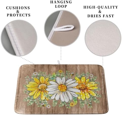 Rustic Daisy Floral Dish Drying Mat for Kitchen Counter Spring Summer Sunflower Dish Drying Mat Bee Absorbent Microfiber Dish Mat Reversible Dish Drainer Rack Mat 16x18 Inch - Image 3