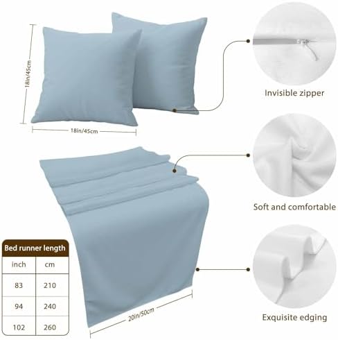 Bed Runner for Queen Size Bed, Sky Blue Decorative Beds Runners and 2 Matching Pillow Covers Set, Modern Pure Winter Sky Blue Beds Scarf Throw for Foot of Bedding Set for Hotel/Bedroom - Image 3