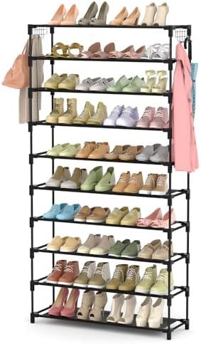 LANTEFUL 10 Tiers Shoe Rack 50 Pairs Large Capacity Tall Shoe Organizer Sturdy Shoe Storage with Two Hooks Space Saving Metal Wide Shoe Rack for Closet, Entryway, Bedroom, Black by LANTEFULforTidyingHouse