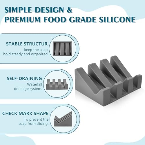 Self Draining Soap Dish Holder,Silicone Soap Dish,for Bathroom,Kitchen, Sponges，Can Extend Soap Life，Keep Soap Bars Dry and Easy Cleaning (Grey,1-Pack) - Image 3