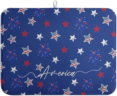 4th of July Dish Drying Mat America Stars Fireworks Blue Drying Mat 18x24 Inch Patriotic Memorial Independence Day Microfiber Absorbent Dish Drainer Rack Mats for Kitchen Counter by Wnoesat