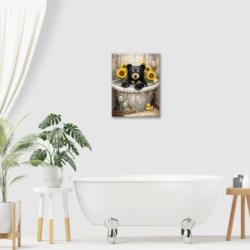 Sunflower Bear Bathroom Decor Pictures Wall Art, Funny Bear Bathroom Wall Decor, Animal Framed Painting Canvas Artwork for Bathroom Bedroom Living Room Decorations 20" L x 16" W - Image 7