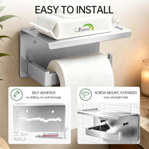 Wall Mounted Toilet Paper Holder with Shelf, 1.5mm, Brushed Nickel - Image 4