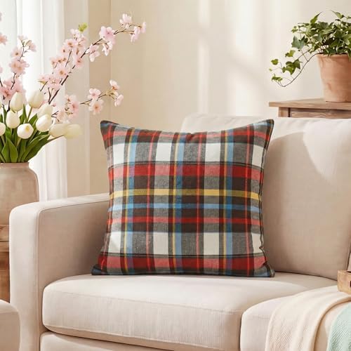 AVOIN colorlife Spring Summer Red Brown Blue Plaid Decorative Throw Pillow Covers, 18 x 18 Inch Holiday Scottish Tartan Cushion Case Farmhouse Decoration for Sofa Couch Set of 2 - Image 3
