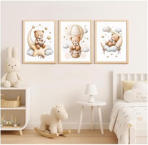 Teddy Bear Nursery Wall Art Decor Baby Boy Girl Room Pictures Bear Nursery Canvas Wall Art Decor Vintage Children's Room Posters Toddler Kids Neutral Artwork for Bedroom Playroom 16x24x3 Unframed - Image 4